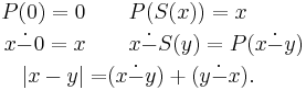 \begin{align} 
P(0) = 0 \quad & \quad P(S(x)) = x \\ 
x \dot - 0 = x \quad & \quad x \dot - S(y) = P(x \dot - y) \\
|x - y| = & (x \dot - y) %2B (y \dot - x). \\
\end{align}