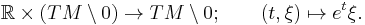 
\mathbb R\times (TM\setminus 0) \to TM\setminus 0; \qquad (t,\xi) \mapsto e^t\xi.
