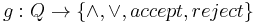 g:Q\rightarrow\{\wedge,\vee,accept,reject\}