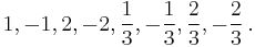 1, -1, 2, -2, \frac{1}{3}, -\frac{1}{3}, \frac{2}{3}, -\frac{2}{3}\,.