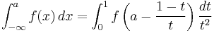 
\int_{-\infty}^a f(x) \, dx = \int_0^1 f\left(a - \frac{1-t}{t}\right) \frac{dt}{t^2}