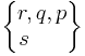 \begin{Bmatrix} r , q , p \\ s \ \ \ \ \ \end{Bmatrix}