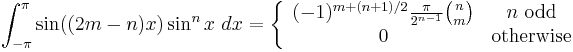 
\int_{-\pi}^{\pi} \sin((2m-n)x)\sin^n x\ dx = \left \{
\begin{array}{cc}
(-1)^{m%2B(n%2B1)/2} \frac{\pi}{2^{n-1}} \binom{n}{m} & n \mbox{ odd} \\
0 & \mbox{otherwise} \\
\end{array} \right.