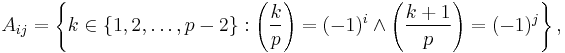 A_{ij}=\left\{k\in\{1,2,\dots,p-2\}: \left(\frac{k}{p}\right)=(-1)^i\land\left(\frac{k%2B1}{p}\right)=(-1)^j\right\},