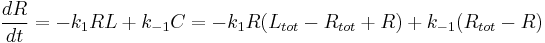 
\frac{dR}{dt} = -k_{1} R L %2B k_{-1} C = -k_{1} R (L_{tot} - R_{tot} %2B R) %2B k_{-1} (R_{tot} - R)
