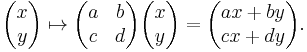 \begin{pmatrix}x \\ y\end{pmatrix} \mapsto \begin{pmatrix}a & b \\ c & d\end{pmatrix} \begin{pmatrix}x \\ y\end{pmatrix} = 
\begin{pmatrix}ax %2B by \\ cx %2B dy\end{pmatrix}.