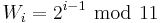 W_i=2^{i-1}\  \bmod \ {11}