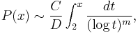 P(x) \sim \frac{C}{D} \int_2^x \frac{dt}{(\log t)^m},\,