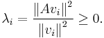  \lambda _i = \frac{\left\| A v_i \right\|^2}{\left\| v_i \right\|^2} \geq 0.