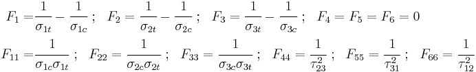 
  \begin{align}
  F_1 = & \cfrac{1}{\sigma_{1t}}-\cfrac{1}{\sigma_{1c}} ~;~~
  F_2 = \cfrac{1}{\sigma_{2t}}-\cfrac{1}{\sigma_{2c}} ~;~~
  F_3 = \cfrac{1}{\sigma_{3t}}-\cfrac{1}{\sigma_{3c}} ~;~~
  F_4 = F_5 = F_6 = 0 \\
  F_{11} = & \cfrac{1}{\sigma_{1c}\sigma_{1t}} ~;~~
  F_{22} =  \cfrac{1}{\sigma_{2c}\sigma_{2t}} ~;~~
  F_{33} =  \cfrac{1}{\sigma_{3c}\sigma_{3t}} ~;~~ 
  F_{44} = \cfrac{1}{\tau_{23}^2} ~;~~ F_{55} = \cfrac{1}{\tau_{31}^2} ~;~~ F_{66} = \cfrac{1}{\tau_{12}^2} \\
  \end{align}
 