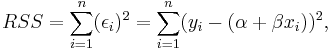 RSS = \sum_{i=1}^n (\epsilon_i)^2 = \sum_{i=1}^n (y_i - (\alpha %2B \beta x_i))^2, 