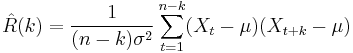  \hat{R}(k)=\frac{1}{(n-k) \sigma^2} \sum_{t=1}^{n-k} (X_t-\mu)(X_{t%2Bk}-\mu) 