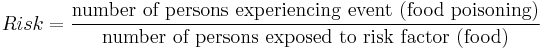  
Risk = \frac {\mbox{number of persons experiencing event (food poisoning)}} {\mbox{number of persons exposed to risk factor (food)}} 
