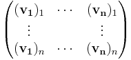 
\begin{pmatrix}
  (\mathbf{v_1})_1 & \cdots & (\mathbf{v_n})_1 \\
  \vdots &  & \vdots   \\
  (\mathbf{v_1})_n & \cdots & (\mathbf{v_n})_n \\ 
\end{pmatrix}
