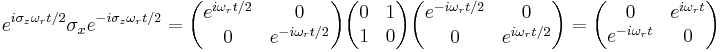  e^{i \sigma_z \omega_r t/2}\sigma_x e^{-i \sigma_z \omega_r t/2} = \begin{pmatrix}
e^{i\omega_r t/2} & 0 \\
0 & e^{-i\omega_r t/2} \end{pmatrix}
\begin{pmatrix}
0 & 1 \\
1 & 0 \end{pmatrix}
\begin{pmatrix}
e^{-i\omega_r t/2} & 0 \\
0 & e^{i\omega_r t/2} \end{pmatrix}=
\begin{pmatrix}
0 & e^{i\omega_r t} \\
e^{-i\omega_r t} & 0 \end{pmatrix}
