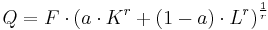  Q = F \cdot \left(a \cdot K^r%2B(1-a) \cdot L^r\right)^{\frac{1}{r}} 