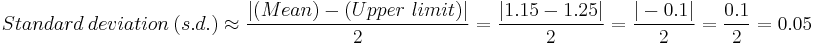 Standard~deviation~(s.d.) \approx \frac{ | (Mean) - (Upper~limit) | }{2} = \frac{ | 1.15 - 1.25 | }{2} = \frac{ | - 0.1 | }{2} = \frac{ 0.1 }{2} = 0.05