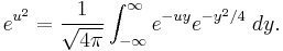 e^{u^2}=\frac{1}{\sqrt{4\pi}} \int_{-\infty}^\infty e^{-uy} e^{-y^2/4}\;dy.