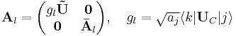 \mathbf{A}_{l} =

\begin{pmatrix}
g_{l}\mathbf{\tilde{U}} & \mathbf{0} \\
\mathbf{0} & \mathbf{\bar{A}}_{l}
\end{pmatrix},\quad g_{l} = \sqrt{a_{j}}\langle k|\mathbf{U}_{C}|j\rangle