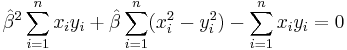  \hat \beta^{2} \sum_{i=1}^{n} {x_{i} y_{i}} %2B \hat \beta \sum_{i=1}^{n} ( {x_{i}^{2} - y_{i}^{2}} ) - \sum_{i=1}^{n} {x_{i} y_{i}} = 0 