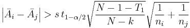 
\left\vert \bar{A}_i - \bar{A}_j\right\vert > s \,t_{1-\alpha/2}\sqrt{\frac{N-1-T_1}{N-k}}\sqrt{\frac{1}{n_i}%2B\frac{1}{n_j}}
