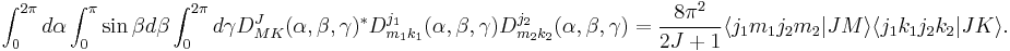 
  \int_0^{2\pi} d\alpha \int_0^\pi \sin\beta d\beta \int_0^{2\pi} d\gamma
  D^J_{MK}(\alpha,\beta,\gamma)^\ast D^{j_1}_{m_1k_1}(\alpha,\beta,\gamma) D^{j_2}_{m_2k_2}(\alpha,\beta,\gamma)
  = \frac{8\pi^2}{2J%2B1}  \langle j_1 m_1 j_2 m_2 | J M \rangle \langle j_1 k_1 j_2 k_2 | J K \rangle.
