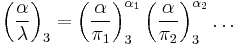 \left(\frac{\alpha}{\lambda}\right)_3 = \left(\frac{\alpha}{\pi_1}\right)_3^{\alpha_1} \left(\frac{\alpha}{\pi_2}\right)_3^{\alpha_2} \dots