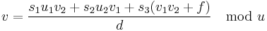 v = \frac{s_1u_1v_2 %2B s_2u_2v_1 %2B s_3 (v_1v_2 %2Bf)}{d} \mod u