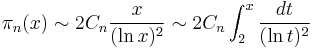 \pi_n(x) \sim 2 C_n \frac{x}{(\ln x)^2} \sim 2 C_n \int_2^x {dt \over (\ln t)^2}