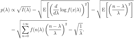 \begin{align}p(\lambda) &\propto \sqrt{I(\lambda)}
= \sqrt{\operatorname{E}\!\left[ \left( \frac{d}{d\lambda} \log f(x|\lambda) \right)^2\right]}
= \sqrt{\operatorname{E}\!\left[ \left( \frac{n-\lambda}{\lambda} \right)^2\right]} \\
& = \sqrt{\sum_{n=0}^{%2B\infty} f(n|\lambda) \left( \frac{n-\lambda}{\lambda} \right)^2}
= \sqrt{\frac{1}{\lambda}}.\end{align}