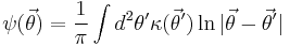 
\psi(\vec{\theta}) = \frac{1}{\pi}\int d^2 \theta^{\prime} \kappa(\vec{\theta}^{\prime}) \ln |\vec{\theta}-\vec{\theta}^{\prime}|
