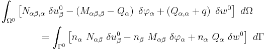 
   \begin{align}
  & \int_{\Omega^0} \left[N_{\alpha\beta,\alpha}~\delta u^0_{\beta}
    - \left(M_{\alpha\beta,\beta}-Q_\alpha\right)~\delta \varphi_{\alpha} %2B \left(Q_{\alpha,\alpha}%2Bq\right)~\delta w^0 \right]~d\Omega \\
  & \qquad \qquad = \int_{\Gamma^0} \left[n_\alpha~N_{\alpha\beta}~\delta u^0_{\beta}
- n_\beta~M_{\alpha\beta}~\delta \varphi_{\alpha} %2B n_\alpha~Q_\alpha~\delta w^0\right]~d\Gamma
  \end{align}
