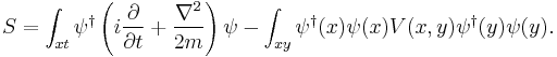 
S = \int_{xt} \psi^\dagger \left(i{\partial \over \partial t} %2B {\nabla^2 \over 2m}\right)\psi - \int_{xy} \psi^\dagger(x) \psi(x)V(x,y) \psi^\dagger(y)\psi(y).
