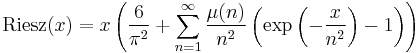 {\rm Riesz}(x) = x \left(\frac{6}{\pi^2} %2B \sum_{n=1}^\infty \frac{\mu(n)}{n^2}\left(\exp\left(-\frac{x}{n^2}\right) - 1\right)\right)