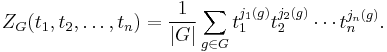 Z_G(t_1,t_2,\ldots,t_n) = \frac{1}{|G|}\sum_{g \in G} t_1^{j_1(g)}  t_2^{j_2(g)} \cdots t_n^{j_n(g)}.