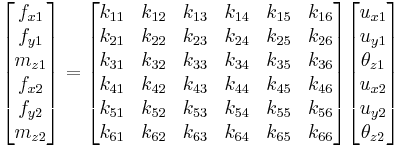 
\begin{bmatrix}
f_{x1} \\
f_{y1} \\
m_{z1} \\
f_{x2} \\
f_{y2} \\
m_{z2} \\
\end{bmatrix}
=
\begin{bmatrix}
k_{11} & k_{12} & k_{13} & k_{14} & k_{15} & k_{16} \\
k_{21} & k_{22} & k_{23} & k_{24} & k_{25} & k_{26} \\
k_{31} & k_{32} & k_{33} & k_{34} & k_{35} & k_{36} \\
k_{41} & k_{42} & k_{43} & k_{44} & k_{45} & k_{46} \\
k_{51} & k_{52} & k_{53} & k_{54} & k_{55} & k_{56} \\
k_{61} & k_{62} & k_{63} & k_{64} & k_{65} & k_{66} \\
\end{bmatrix}
\begin{bmatrix}
u_{x1} \\
u_{y1} \\
\theta_{z1} \\
u_{x2} \\
u_{y2} \\
\theta_{z2} \\
\end{bmatrix}
