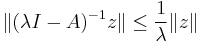 \|(\lambda I-A)^{-1}z\|\leq\frac{1}{\lambda}\|z\|