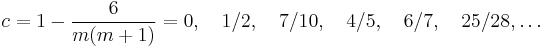  c = 1-{6\over m(m%2B1)} = 0,\quad 1/2,\quad 7/10,\quad 4/5,\quad 6/7,\quad 25/28, \ldots