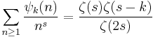 \sum_{n\ge 1}\frac{\psi_k(n)}{n^s} = \frac{\zeta(s)\zeta(s-k)}{\zeta(2s)}