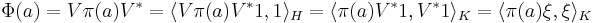 
\Phi(a) = V \pi (a) V^* = \langle V \pi (a) V^* 1, 1 \rangle _H = \langle \pi (a) V^* 1, V^* 1 \rangle _K
= \langle \pi (a) \xi, \xi \rangle _K
