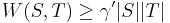 W(S,T)\geq\gamma'|S||T|