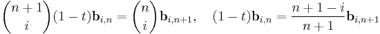 {n%2B1 \choose i}(1-t)\mathbf{b}_{i,n} = {n \choose i} \mathbf{b}_{i,n%2B1},
\quad (1-t)\mathbf{b}_{i,n} = \frac{n%2B1-i}{n%2B1} \mathbf{b}_{i,n%2B1}