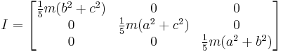 
I =
\begin{bmatrix}
  \frac{1}{5} m (b^2%2Bc^2) & 0 & 0 \\
  0 & \frac{1}{5} m (a^2%2Bc^2) & 0 \\ 
  0 & 0 & \frac{1}{5} m (a^2%2Bb^2)
\end{bmatrix}
