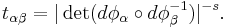 t_{\alpha\beta} = |\det (d\phi_\alpha\circ d\phi_\beta^{-1})|^{-s}.