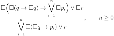 \frac{\displaystyle\Box\Bigl(\Box(q\to\Box q)\to\bigvee_{i=1}^n\Box p_i\Bigr)\lor\Box r}{\displaystyle\bigvee_{i=1}^n\Box(\Box q\to p_i)\lor r},\qquad n\ge0