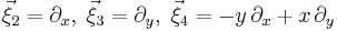  \vec{\xi}_2 = \partial_x, \; \vec{\xi}_3 = \partial_y, \; \vec{\xi}_4 = -y \, \partial_x %2B x \, \partial_y 