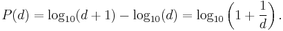 P(d)=\log_{10}(d%2B1)-\log_{10}(d)=\log_{10} \left(1%2B\frac{1}{d}\right).