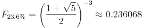 F_{23.6\%} = \left({\frac{1 %2B \sqrt{5}}{2}}\right)^{-3}  \approx 0.236068 \,