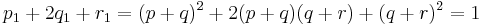 
p_1 %2B 2q_1 %2B r_1 = (p %2B q)^2 %2B 2(p %2B q)(q %2B r) %2B  (q %2B r)^2  = 1
