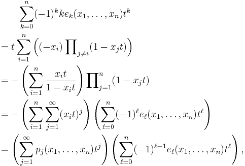 \begin{align}
& {} \qquad \sum_{k=0}^n (-1)^{k}k e_k(x_1,\ldots,x_n) t^k \\
&=  t \sum_{i=1}^n \left((-x_i) \prod\nolimits_{j\neq i} (1- x_jt)\right)\\
 &=  -\left(\sum_{i=1}^n \frac{x_it}{1-x_it}\right) \prod\nolimits_{j=1}^n (1- x_jt)\\
 &= -\left(\sum_{i=1}^n \sum_{j=1}^\infty(x_it)^j\right) \left(\sum_{\ell=0}^n (-1)^\ell e_\ell(x_1,\ldots,x_n) t^\ell\right)\\
 &= \left(\sum_{j=1}^\infty p_j(x_1,\ldots,x_n)t^j\right) \left(\sum_{\ell=0}^n (-1)^{\ell-1} e_\ell(x_1,\ldots,x_n) t^\ell\right),\\
\end{align}